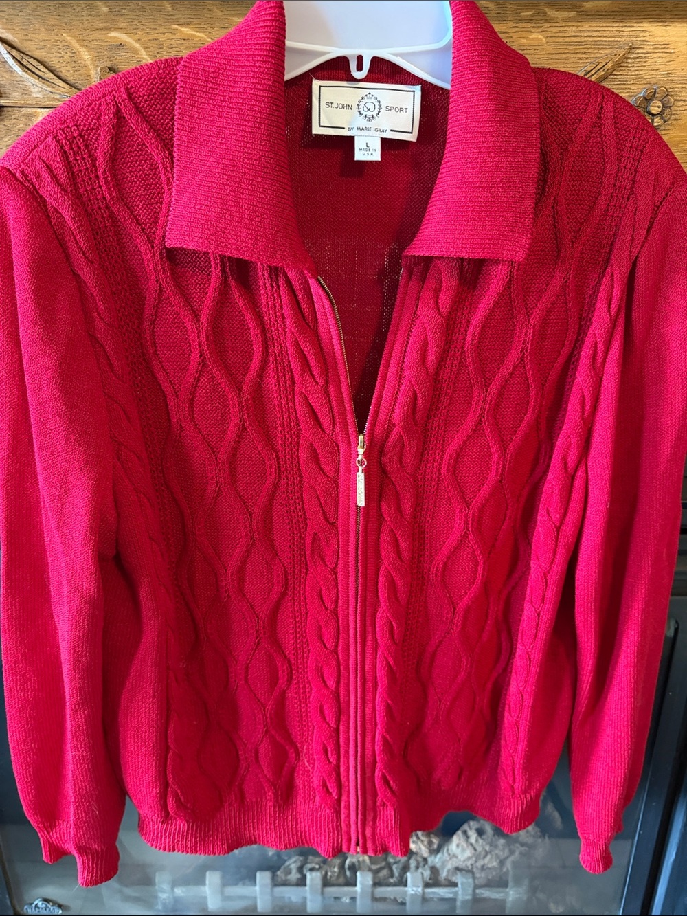 St. John Sport by Marie Gray Bright Red Cable-Knit Zip Cardigan